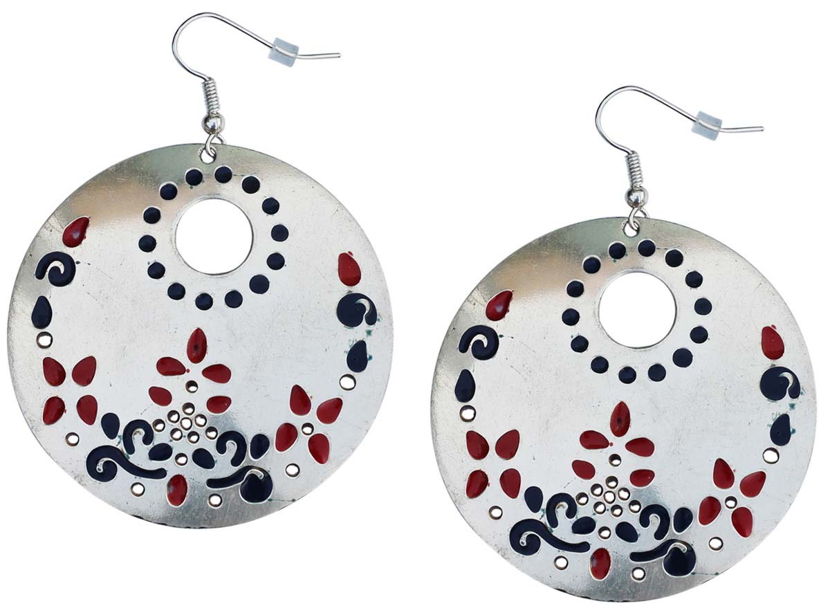 Pair of Round Hook Earrings in Brass - 2.5” Silver Tone with Red Blue Enameled Motifs - Drop Earrings / Women Fashion Jewelry - Buy in Bulk Wholesale